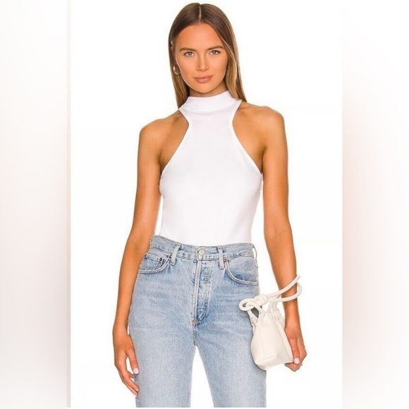 525 America Tops - 525 America Racerfront Knit Tank Top Sleeveless Mock Neck Bleach Small White